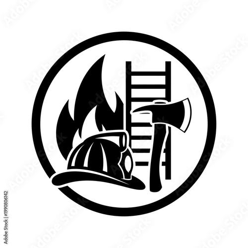 Firefighter Equipment Icon with Helmet Axe and Ladder