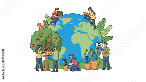 People working together to plant trees and harvest fruit around the globe to promote environmental sustainability and ecology.