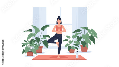 Woman practicing yoga in tree pose at home surrounded by lush indoor plants for mental wellness and physical balance.
