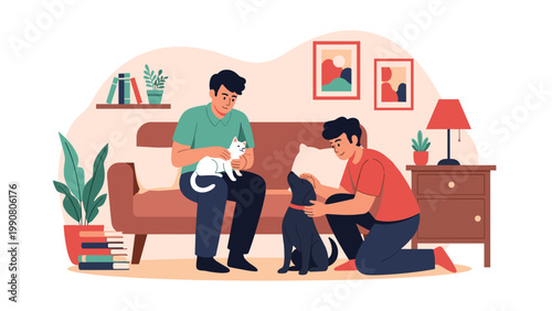 Two men relaxing in their living room while petting their cat and dog, showing a happy domestic life and bond with pets.