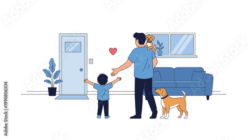 Heartwarming scene of a father and son returning home being happily greeted by their two dogs in the living room.