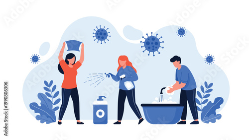 People practicing hygiene and sanitation by washing hands and cleaning surfaces to prevent the spread of viruses and bacteria.