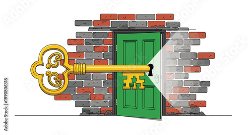 A large golden key unlocks a bright green door embedded in a weathered brick wall while casting a sharp light beam through the keyhole in a clean setting.