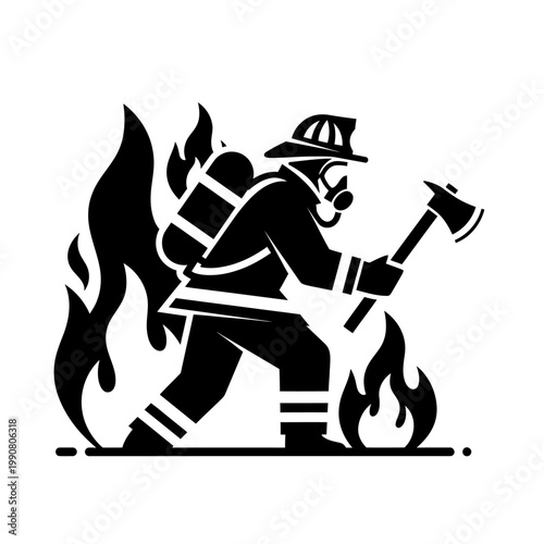 Firefighter Silhouette with Axe and Flames Vector Icon