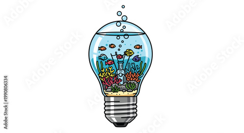 A glass lightbulb functions as a unique fishbowl containing colorful coral, sand, and small fish swimming in clear water on a clean white background area.