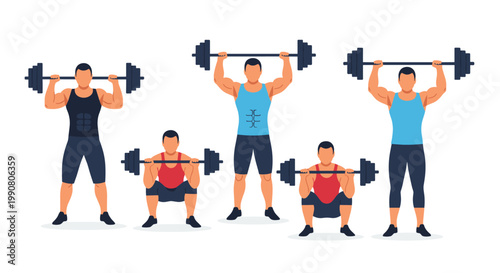 Illustration showing men in various poses performing barbell exercises like squats and overhead presses for fitness and gym advertisements.