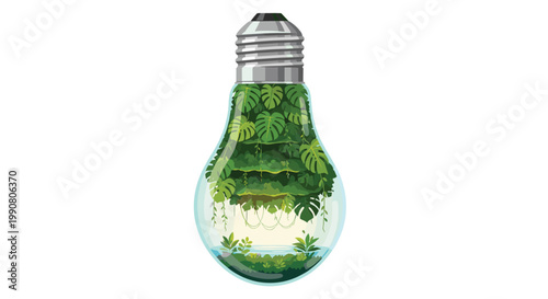 A glass lightbulb is filled with a lush miniature tropical jungle ecosystem including hanging vines and water in a bright and clean studio environment.