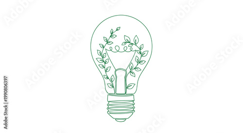 A green line art lightbulb containing delicate leaves and vines represents eco friendly energy in a pristine white environment with a clean design aesthetic.