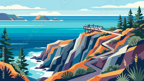 Coastal Cliff Hiking Scene With Lookout Platform