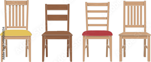 Wooden Chair Vector Set with Different Styles and Cushioned Seats Isolated