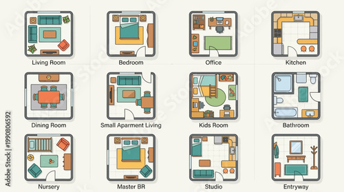 Flat vector icons for various rooms and spaces in modern homes and offices displayed