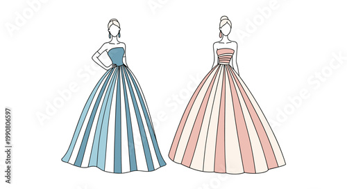 Fashion sketches of two women wearing long striped and solid colored formal evening gowns for fashion design and boutique portfolios.