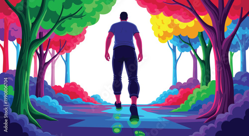 A lone figure walks forward through a dense forest filled with vivid multicolored trees while leaving bright glowing green footprints on the dark path.