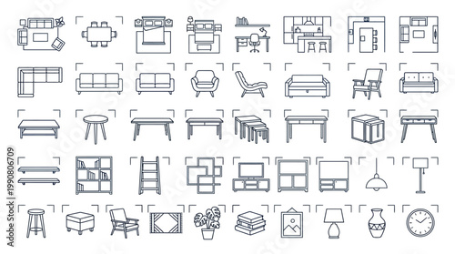 Collection of various interior design elements and furniture icons in a single sheet illustration