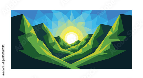 A radiant sunburst illuminates a deep valley of sharp green polygonal mountains in a breathtaking landscape featuring high contrast light and shadows.