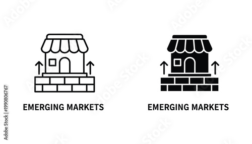 Emerging markets business concept icon set featuring store building with growth arrows in outline and solid black styles for economic development and retail industry presentations