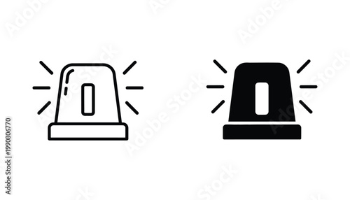 Emergency siren light icon set depicting flashing alarm beacon in outline and solid black style for security and safety warning system interface elements