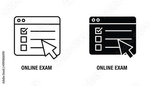Online exam icon set with checklist and computer mouse cursor for digital testing and education