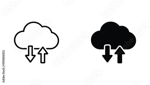 Cloud data transfer icon set for upload and download concepts in line and solid vector format