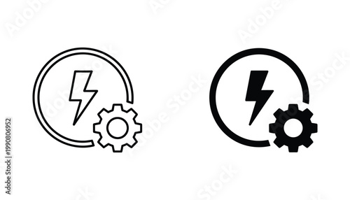 Energy setting icon set with lightning bolt and gear for power optimization and technical configuration