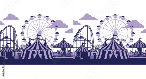 Amusement Park Vector Illustration with Ferris Wheel Roller Coaster and Circus Tent