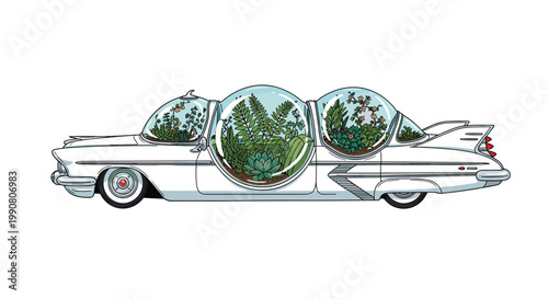 A sleek white vintage car is modified with three transparent glass bubble terrariums on its roof filled with lush green plants in a clean setting.