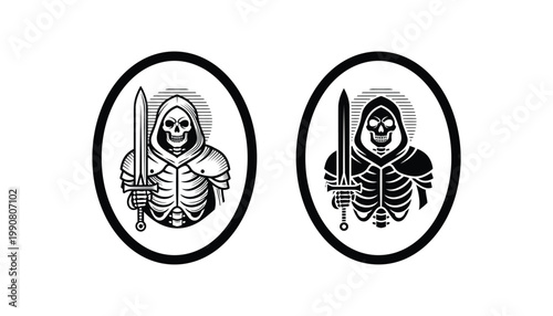 Grim reaper skeleton icon set holding sword inside oval frame for fantasy and gaming design