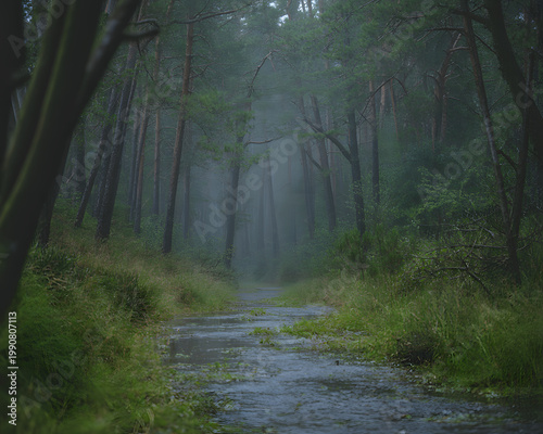 Misty forest path with lush green vegetation and tall trees