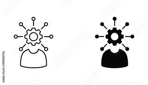 Person with gear head icon set representing cognitive processing and mental problem solving in vector style