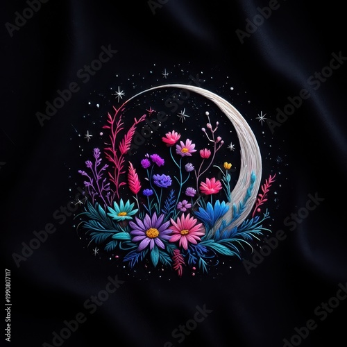 Crescent Moon Floral Embroidery Night Textile Decorative Fantasy Illustration