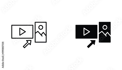 Video upload or media import icon set showing file with arrow pointing to mountain landscape image in vector design
