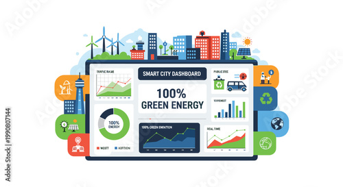 A comprehensive digital smart city dashboard displays real-time green energy metrics against a vibrant urban skyline featuring modern solar panel arrays.