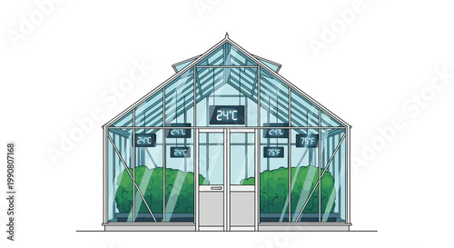 A sleek modern glass greenhouse maintains precise climate control with multiple digital temperature monitors inside a bright and airy botanical facility.