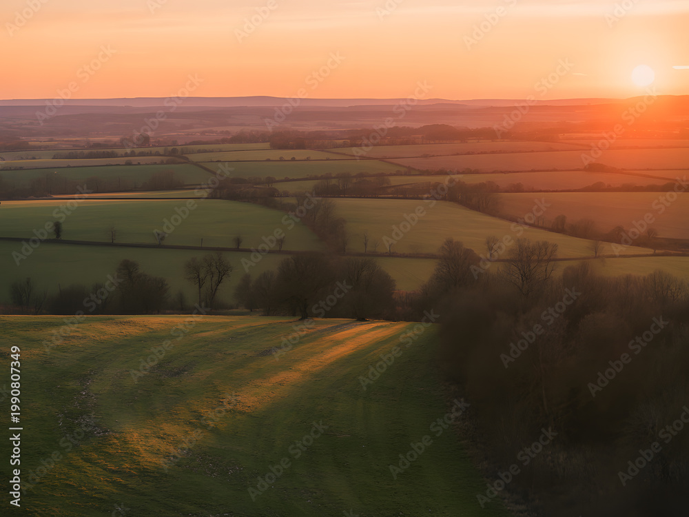 Fototapeta premium Aerial view of rolling green fields and hedgerows at sunset