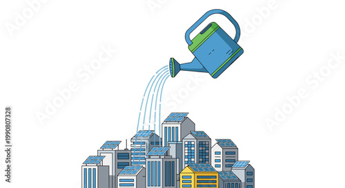 A blue watering can pours a stream of water onto a dense cluster of urban buildings covered in solar panels to illustrate sustainable city development.