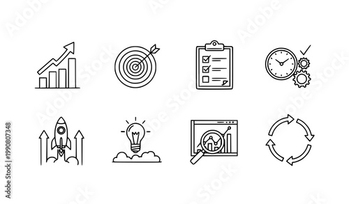 Work efficiency line icon set productivity performance and progress symbols on white background