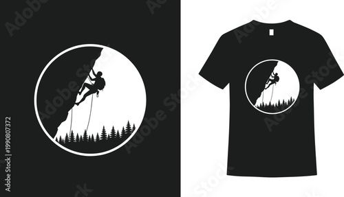 Climber Silhouette in Circle with Forest Background for Outdoor Adventure T-Shirt Design