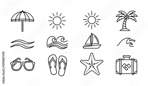 Sea holiday line icon set travel tourism symbols isolated on white background
