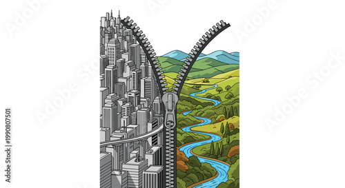A giant zipper opens a dense gray city landscape to reveal a lush and vibrant green countryside with a winding blue river on the other side of the view.