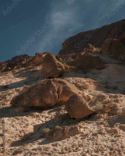 Rocky desert landscape with clear blue sky overhead with no people