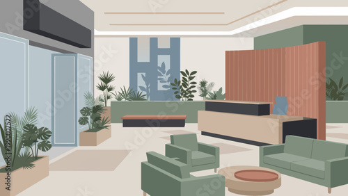 Clean Reception Lobby With Architectural Plants and Seating Zones