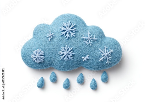 A blue felt cloud with snowflakes and raindrops on a white background