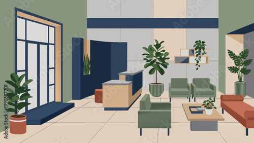 Clean Reception Lobby With Architectural Plants and Seating Zones