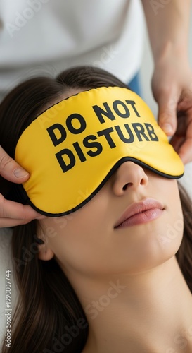 Hands Adjusting A Yellow Do Not Disturb Eye Mask On A Resting Woman Face Spa