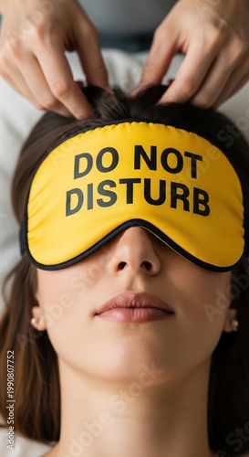 Close Up Of Young Woman Wearing Yellow Sleep Mask With Do Not Disturb Text