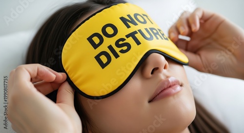 Close Up Of Young Woman Wearing Yellow Sleep Mask With Do Not Disturb Text