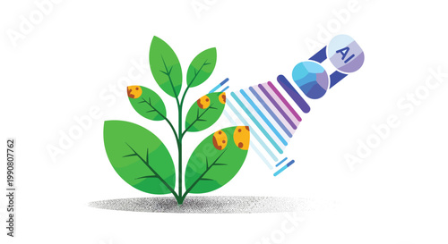 A futuristic AI-driven diagnostic tool projects a vibrant spectrum light beam onto a spotted plant to analyze its health in a sterile white environment.