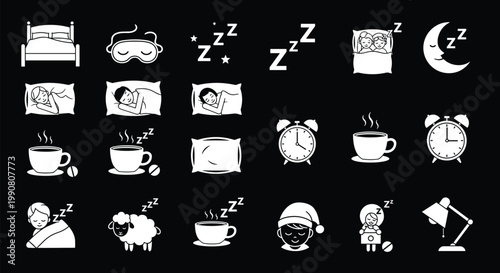 Collection of sleep icons on black background featuring beds, sleeping masks, alarm clocks, and coffee for morning routine.