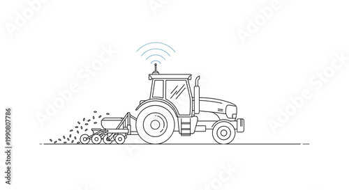 A clean line-art graphic showcases an autonomous tractor equipped with a wireless antenna planting seeds in a straight row against a pristine background.