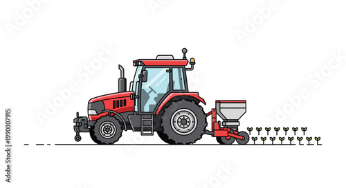 A red autonomous tractor pulls a specialized planting attachment across the field while small green sprouts emerge from the dark brown soil rows.